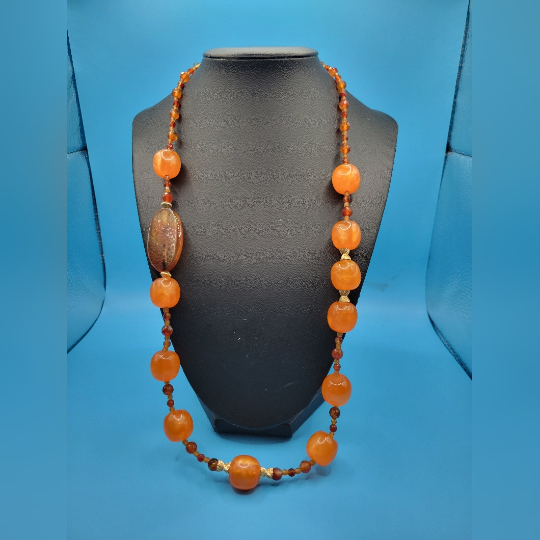 Vintage 14k Gold Filled Orange Carnelian And Thermoset Beaded Necklace